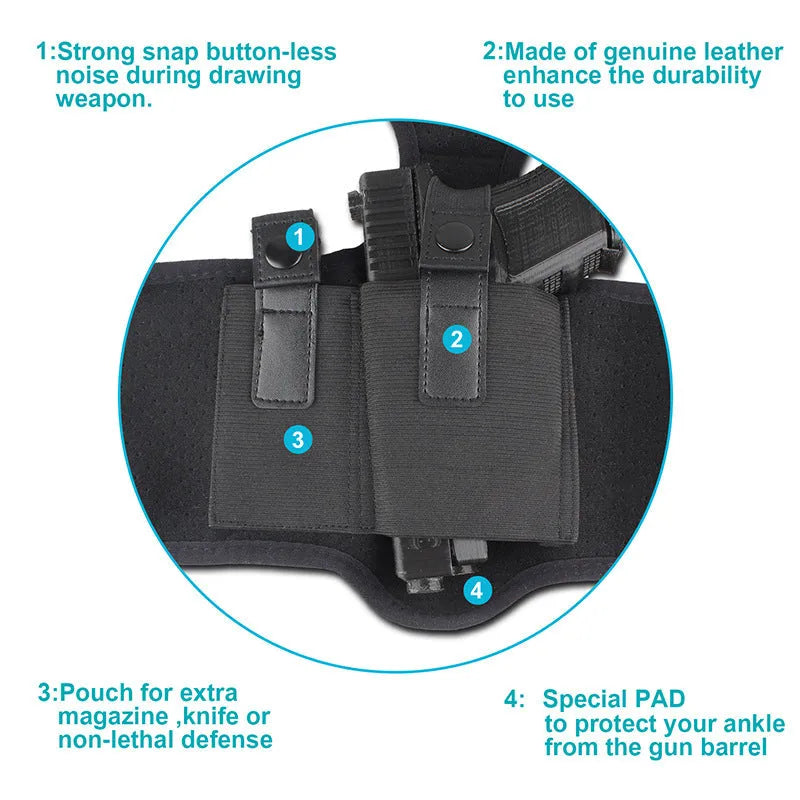 Black neoprene ankle holster for universal pistol concealment, 200g