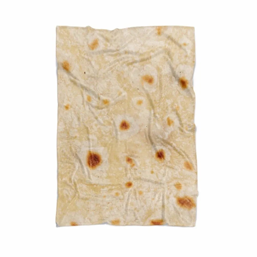 Round burrito design blanket in coral fleece flannel with tortilla print, folded to show size