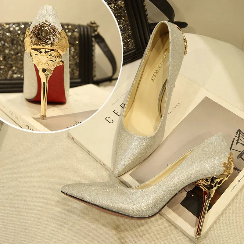 LAKESHI women's metal-engraved high heel shoes with 10cm heel, available in multiple colours
