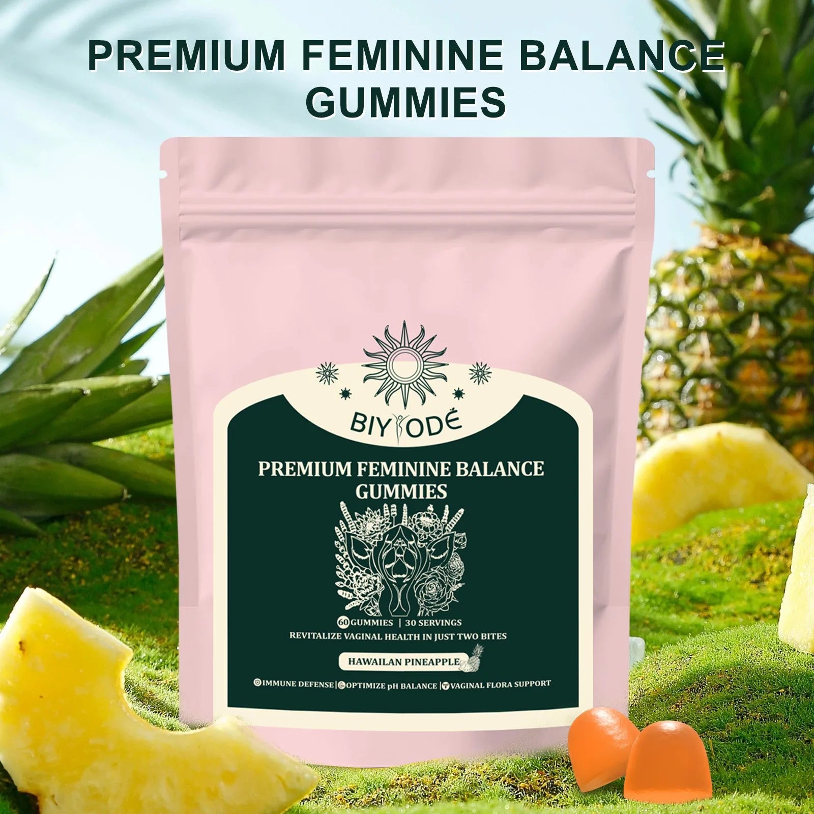 Bag of feminine balance vitamin C gummies with pineapple fruit powder for vaginal flora support