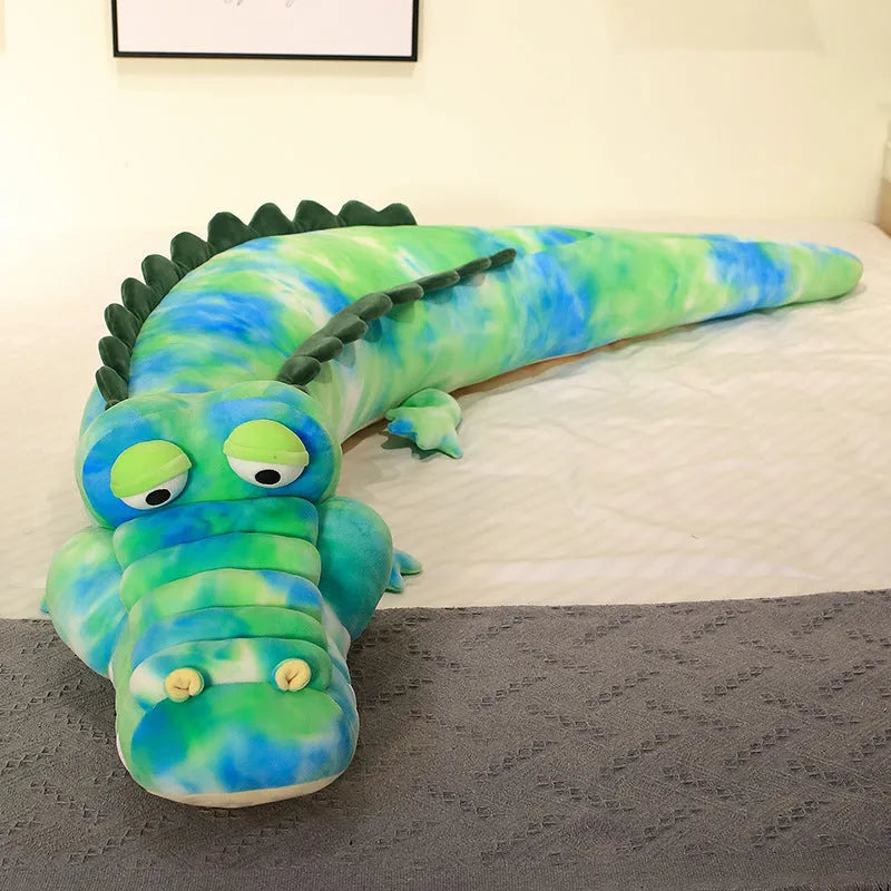 Symphony soft velvet alligator plush toy in green colour on a plain background