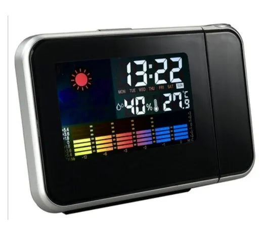 Compact plastic home electronic clock with USB cable in black, dimensions 16 by 6 by 12 centimetres