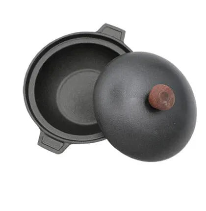 Silver cast iron cooking pot with lid on hob, 18cm size slow cooking stew