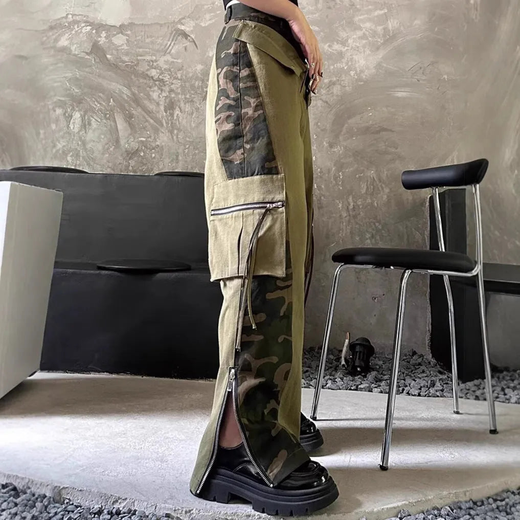 Women's dark khaki leopard print high waist straight leg jeans with contrast stitching detail.