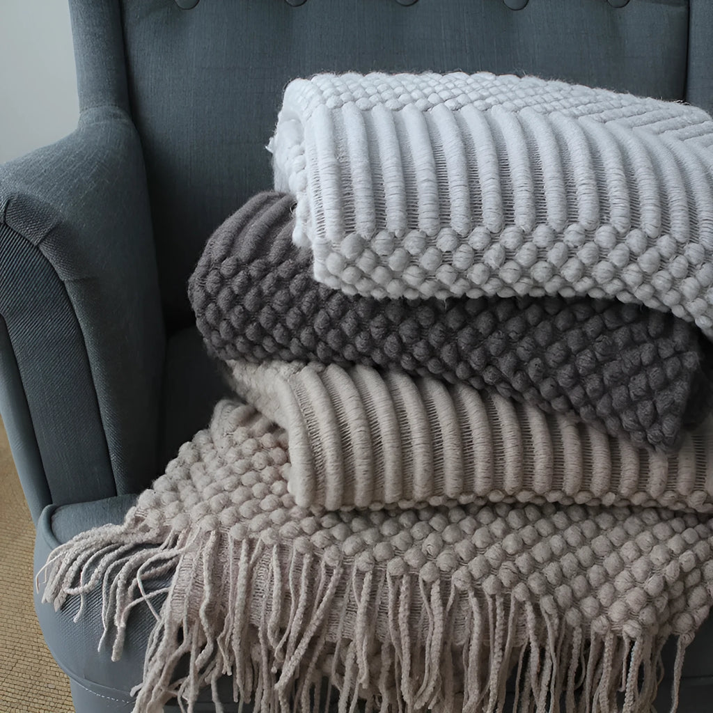 127cm by 170cm polyester fibre nap blanket in dark grey, khaki, and light grey colour options