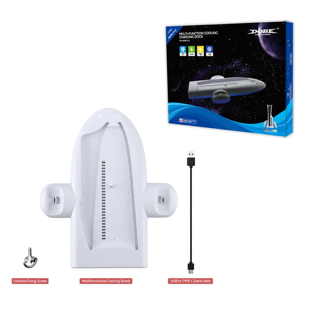 White PS5 charging dock with cooling fan, RGB lighting, and controller charging belt