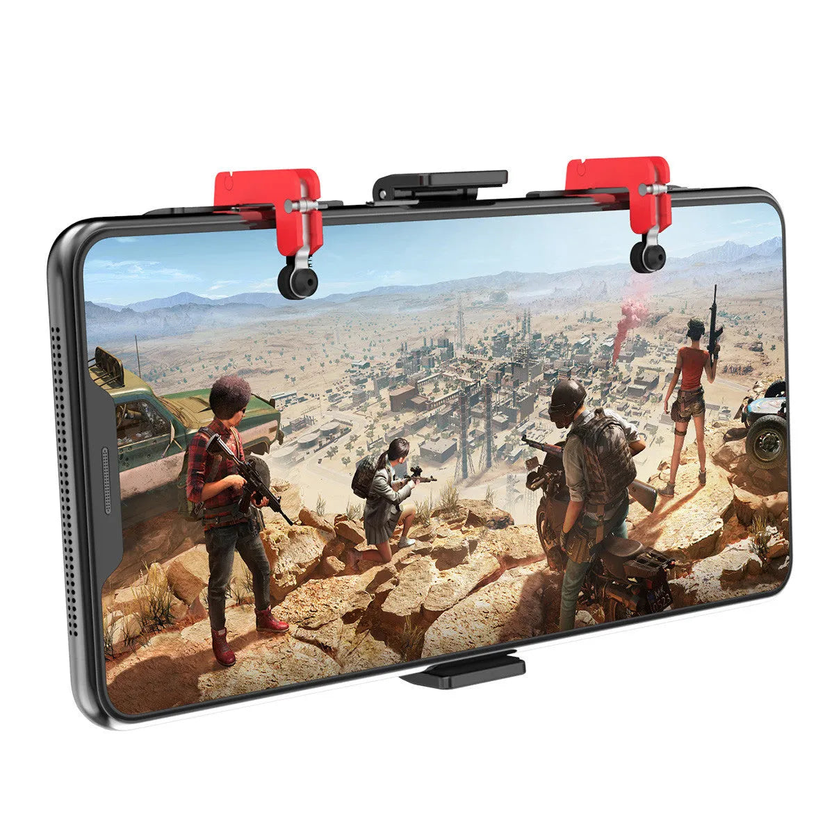 Black mobile phone gaming trigger bracket showing adjustable metal trigger and telescopic phone clamp.