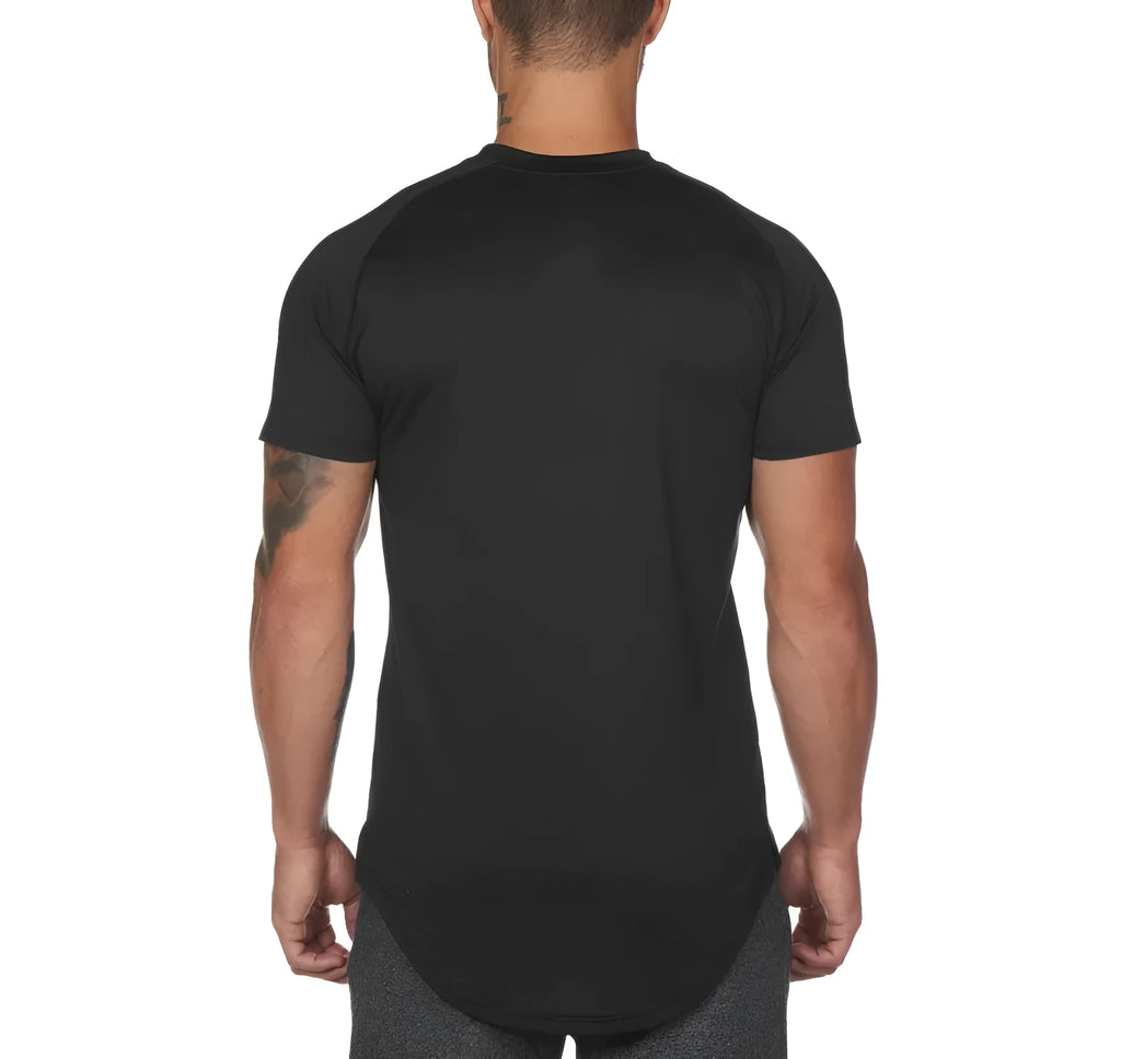 Men's custom plain gym shirt in cotton spandex blend with optional letter print, shown in multiple colour options.
