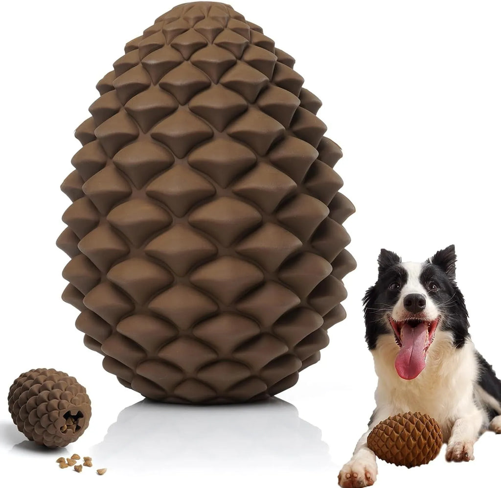 Yellow pine cone shaped natural rubber dog toy with treat dispenser for large breed dogs