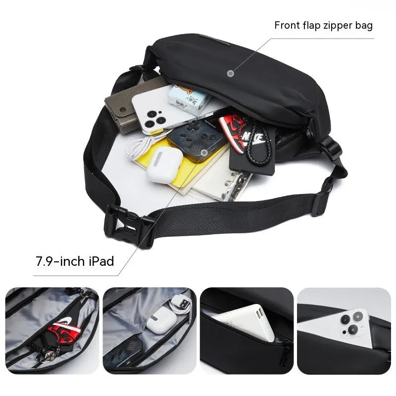 Black men's messenger bag in Oxford cloth with cross-body strap and street style detailing.
