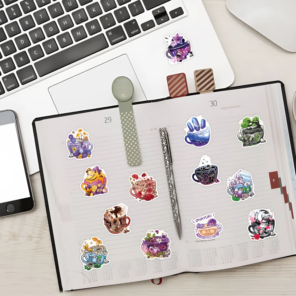 Pack of 50 colourful tea cup graffiti stickers in a Nordic style for waterproof DIY decoration.