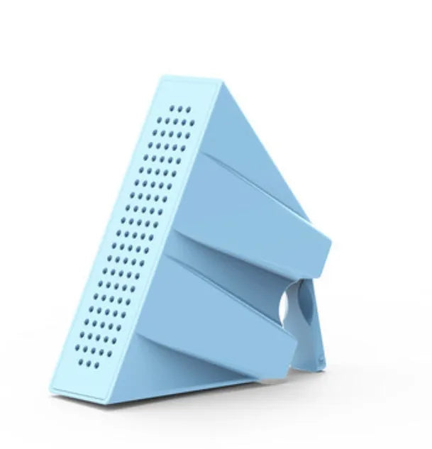 Portable black ABS mobile phone amplifier bracket holding an iPhone on a desk.