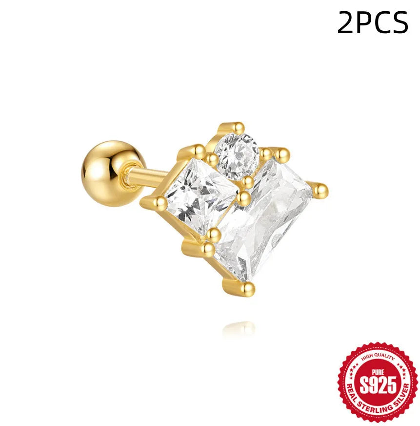 Close-up of S925 sterling silver square gravel flower stud earrings with a golden electroplated finish.