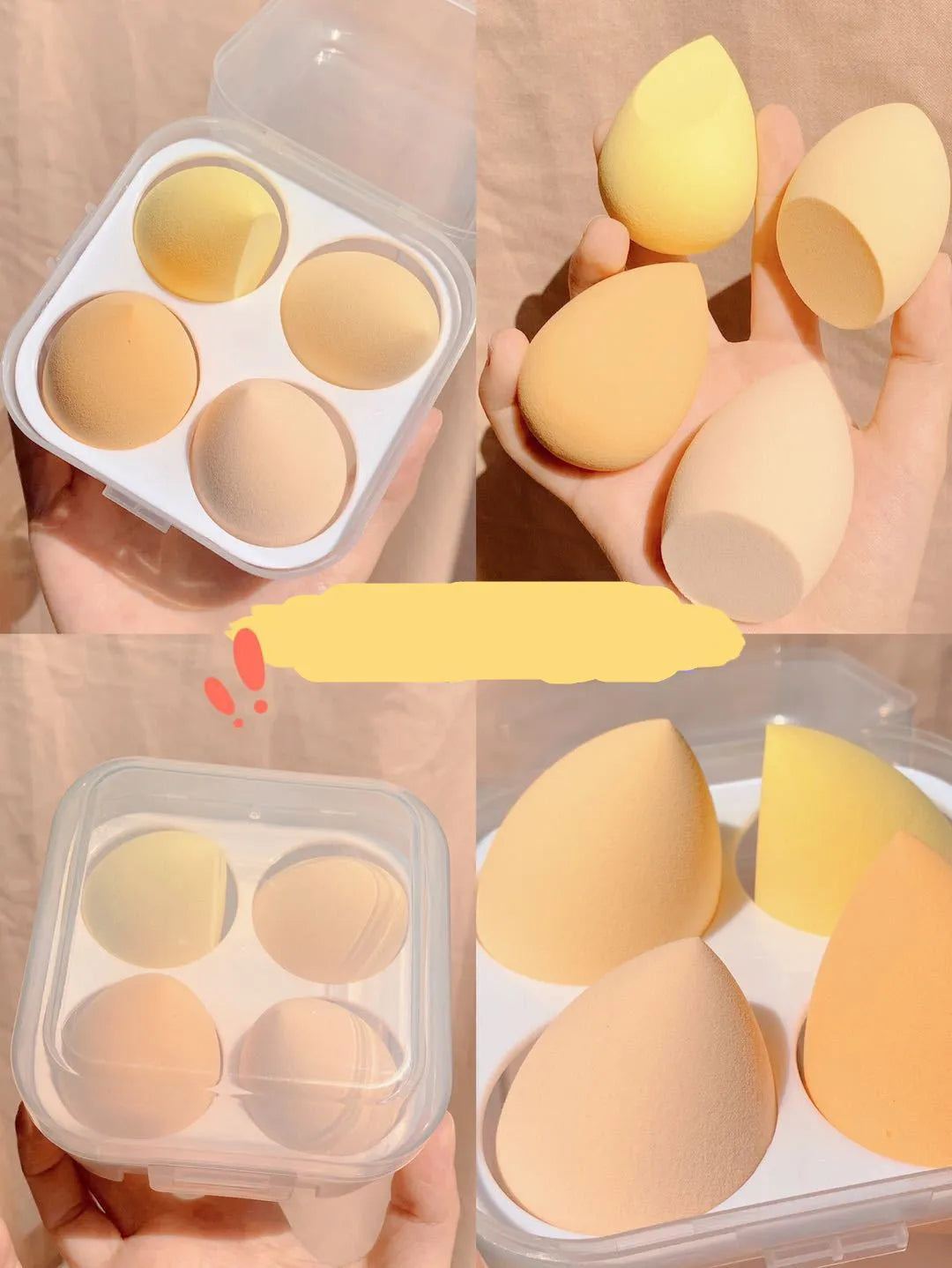 Four synthetic sponge makeup egg applicators in Grape, Mango, Mint, and Peach peach colours.