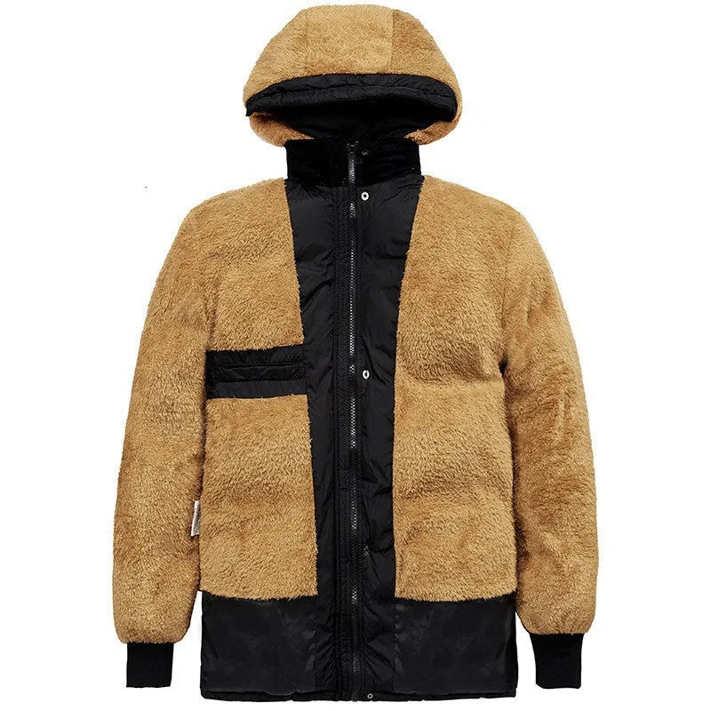 Men's black velvet padded winter jacket with double-breasted placket and hood, loose fit design