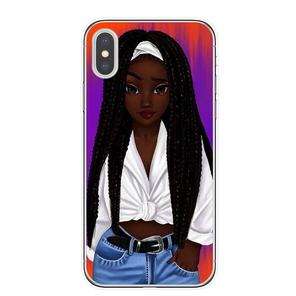 Hand drawn girl girl phone case soft TPU cover for iPhone showing colourful artwork and cutouts