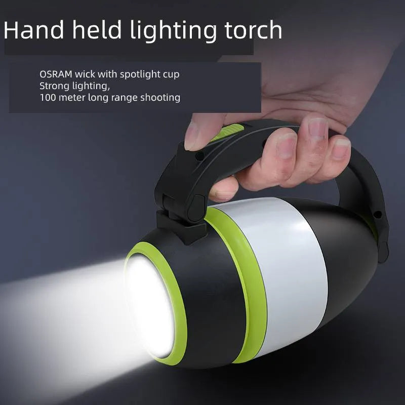 Black green three-in-one LED camping lamp with adjustable lighting angles and USB charging port
