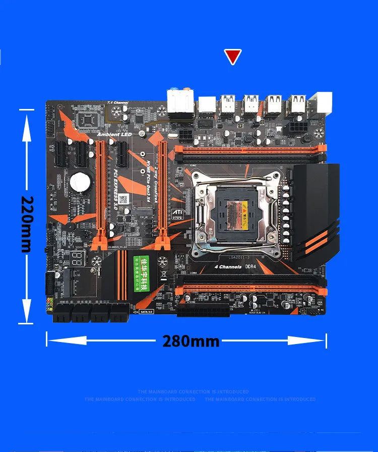 Black X99 computer motherboard with LGA2011-3 socket, four DDR4 slots, PCI-E expansion slots, and heat sinks