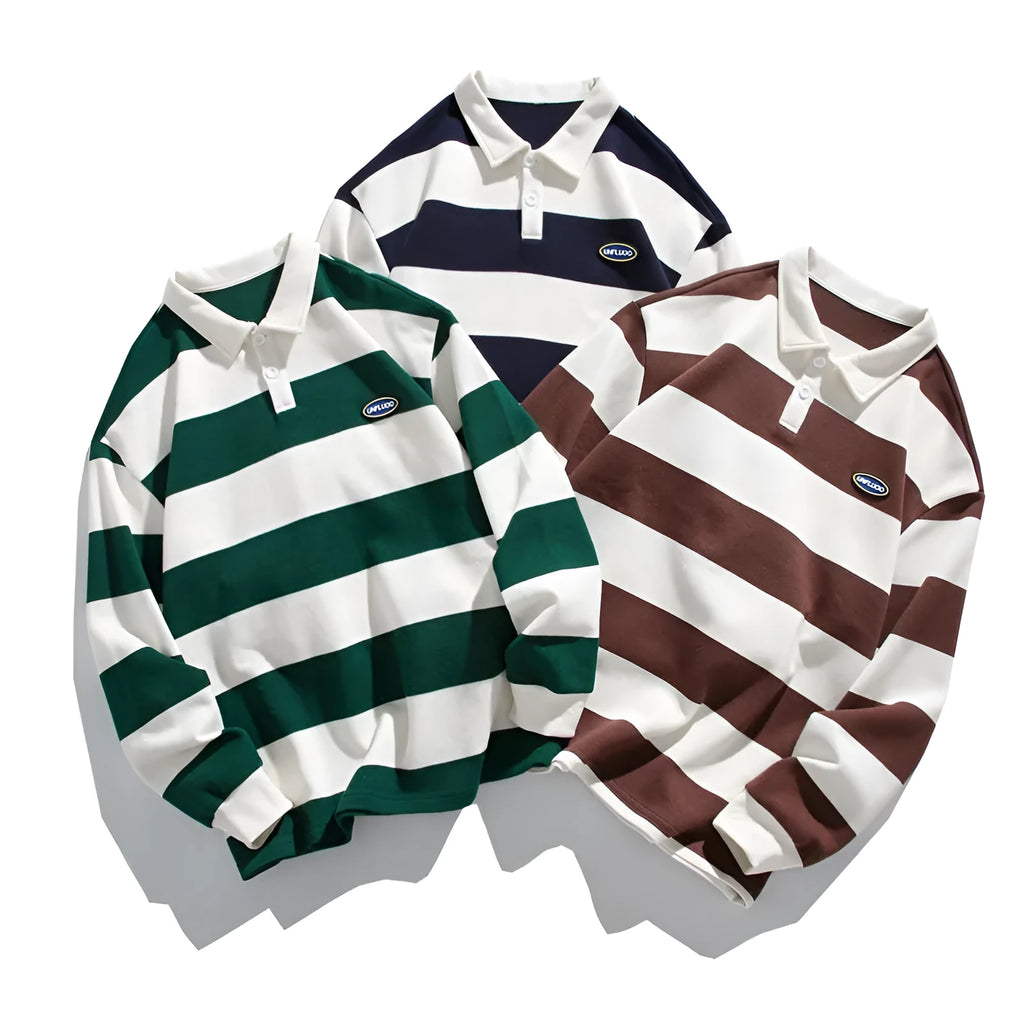 Hong Kong style striped lapel polo shirt in pearl cotton, shown in loose fit on a model.