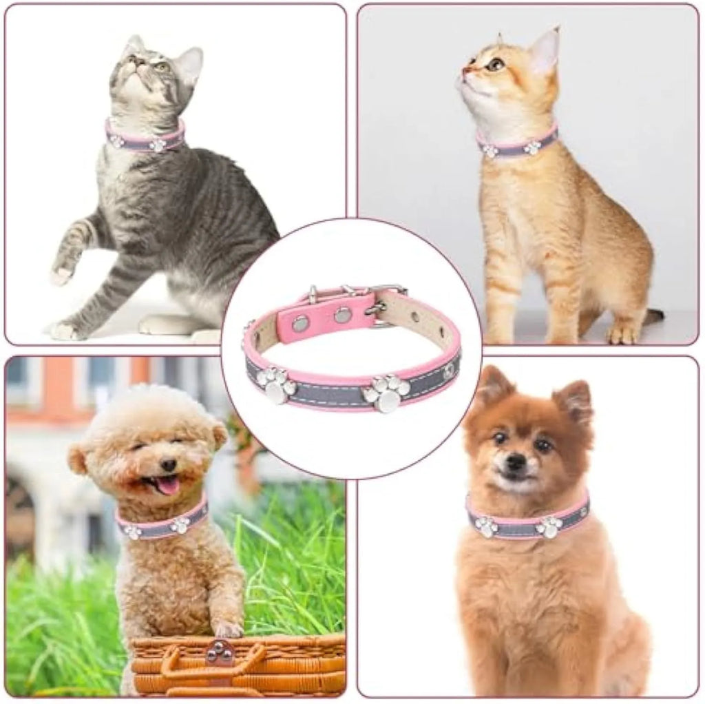 Reflective dog collar with adjustable PU leather strap and decorative paw print metal rivets