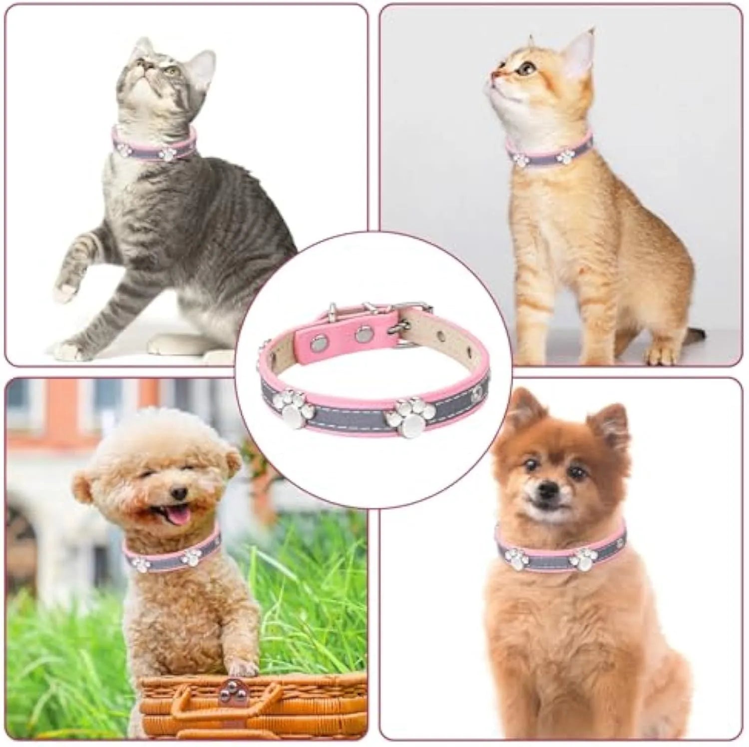 Reflective dog collar with adjustable PU leather strap and decorative paw print metal rivets
