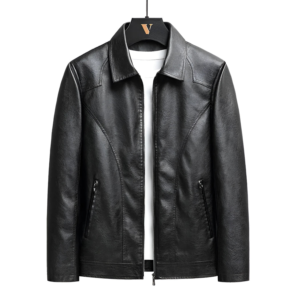 Men's loose fit PU leather cardigan jacket in black with zipper front and patch pocket