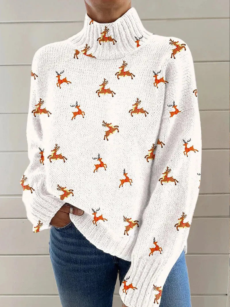 Women's Christmas printed turtleneck pullover sweater in loose casual style with long sleeves