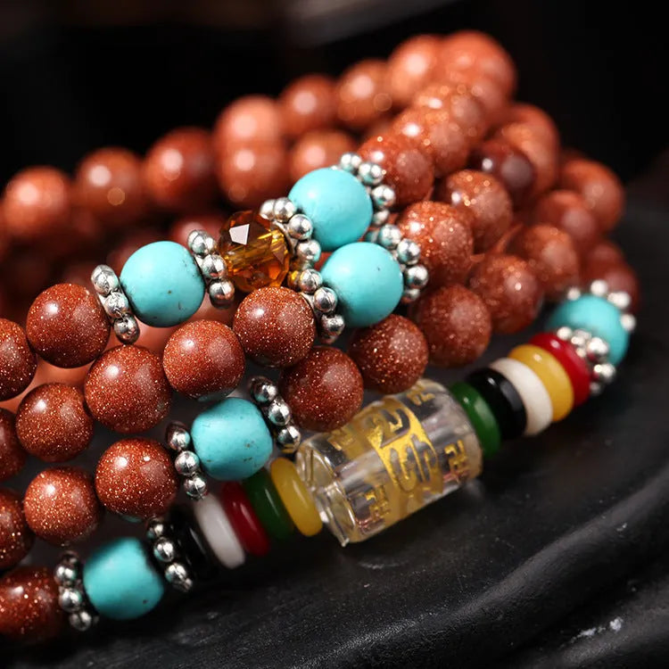 Golden star stone women's bracelet with 108 nugget sand beads and multi-circle mantra design
