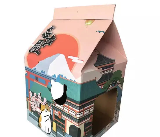 Foldable corrugated cardboard cat scratcher with Nagoya pattern design.