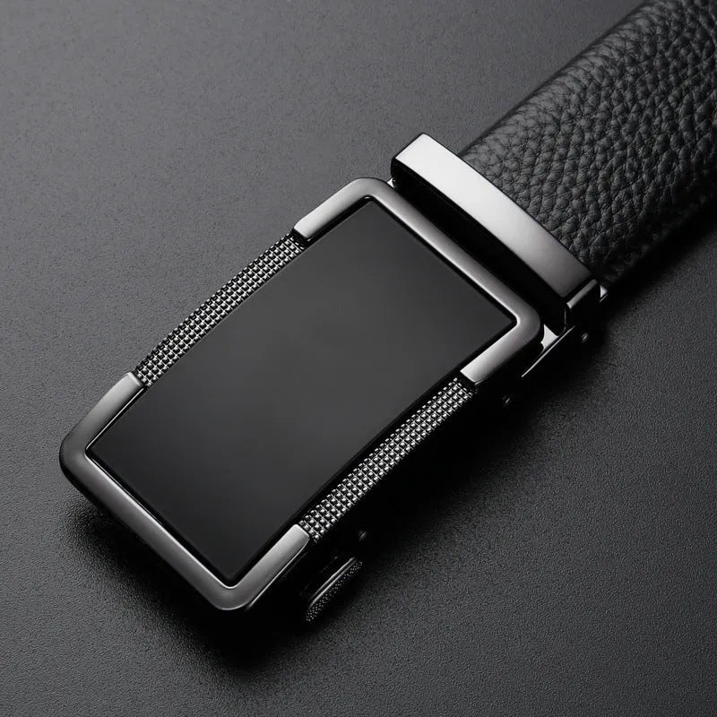 Men's leather belt with automatic alloy buckle in gold, gun black, or silver colour options