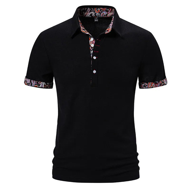 Men's cotton blend polo shirt in navy blue with a turnover collar and colour stitching detail.