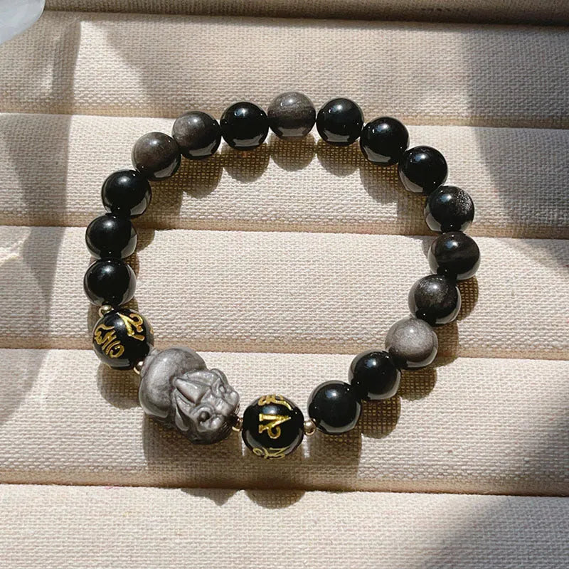 Men's silver stone bracelet with zodiac beads and engraved proverbs in Chinese style