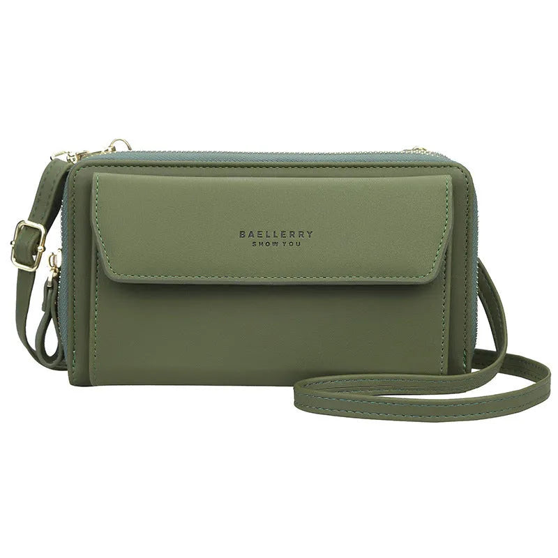 Ladies long wallet messenger bag in soft PU leather with double zipper and cross-body strap