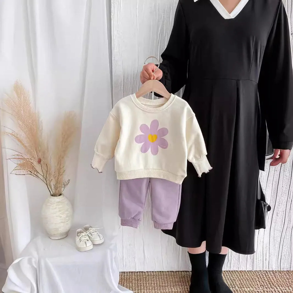 infant two-piece set cute flower sweatshirt and sweatpants baby girl suit purple cotton