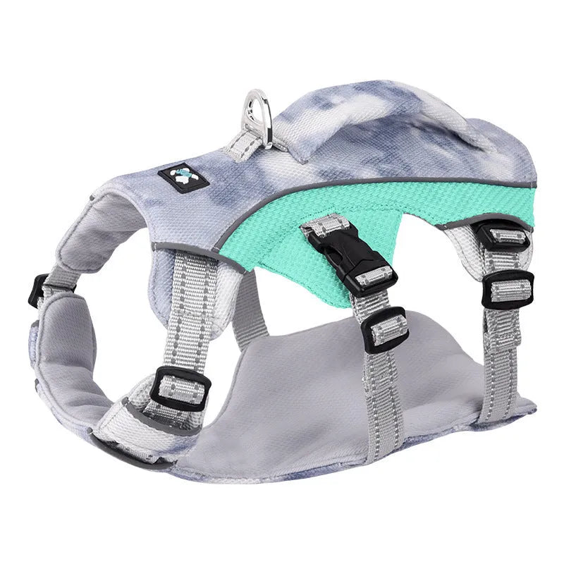 Reflective dog chest strap with LED strips in light blue, shown with adjustable fastenings.
