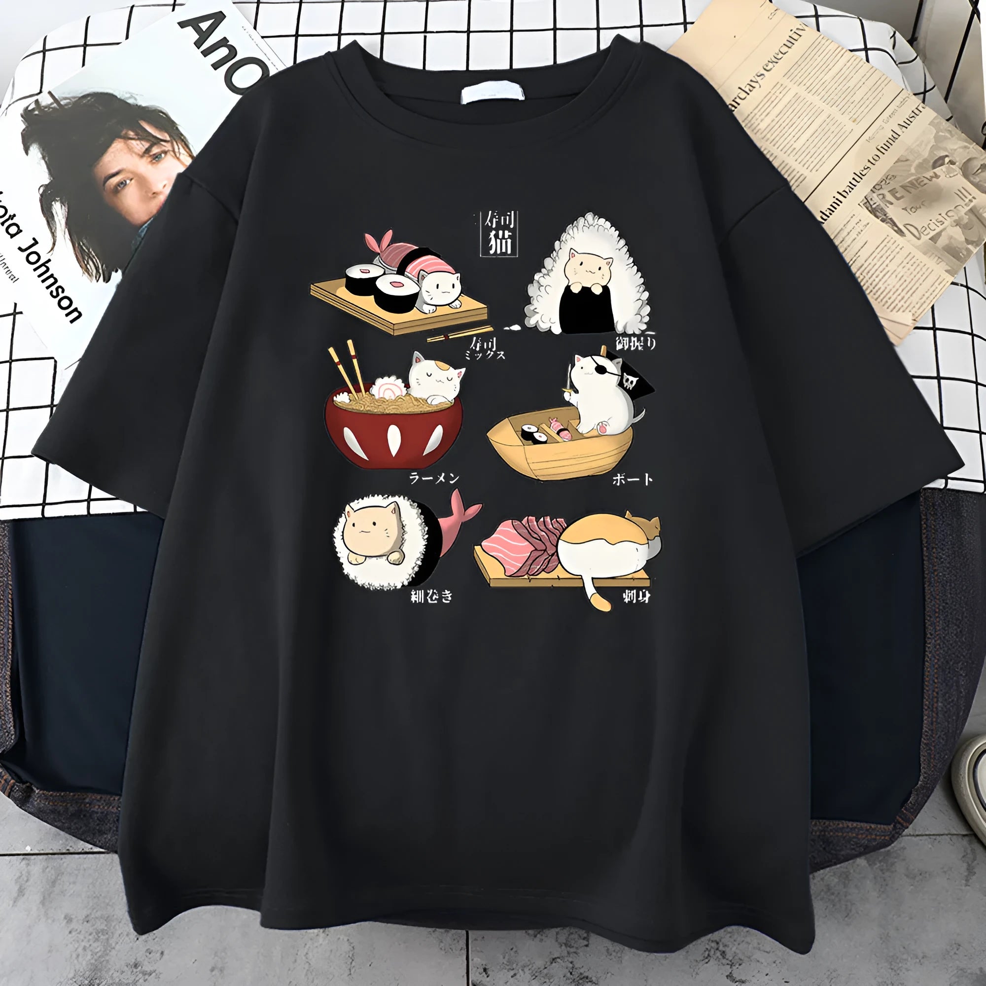 Men's black cotton t-shirt with cute cat sushi cartoon print, loose fit short sleeve design
