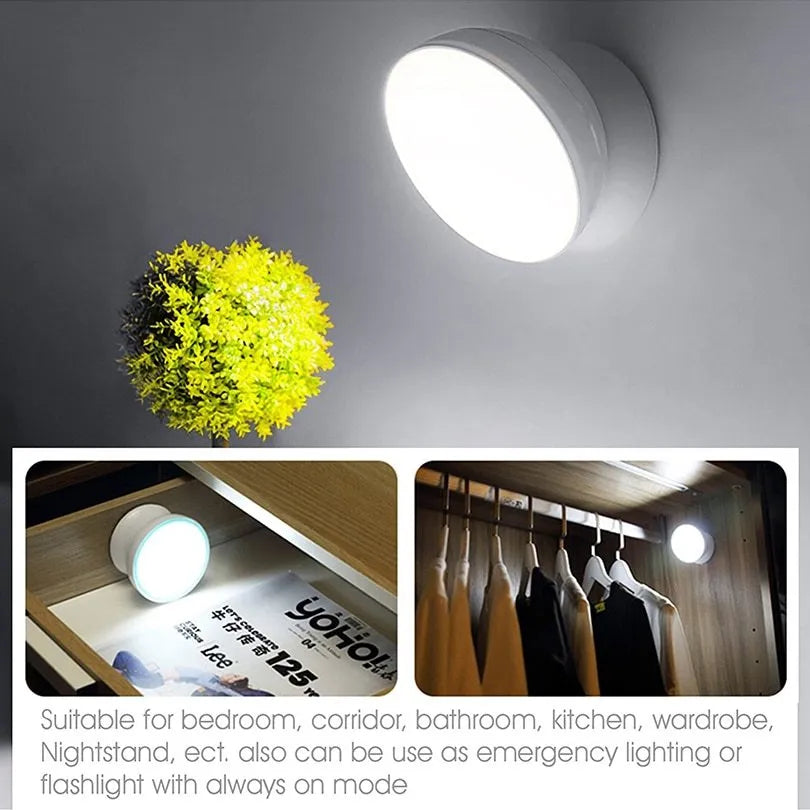 White 360-degree rotating LED human body induction night light with motion sensor, 8.6cm diameter, on a flat surface
