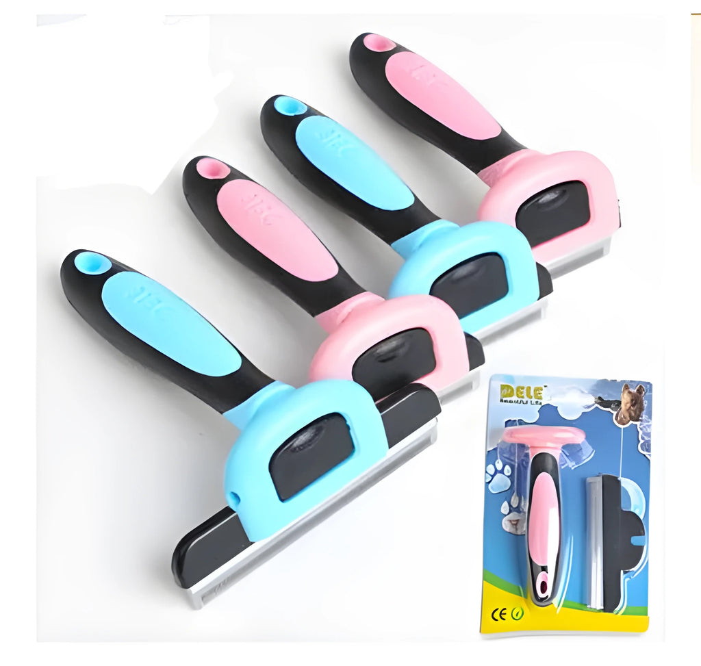 Pet hair removal comb for long straight hair pets in three sizes S M L and blue or pink colour options