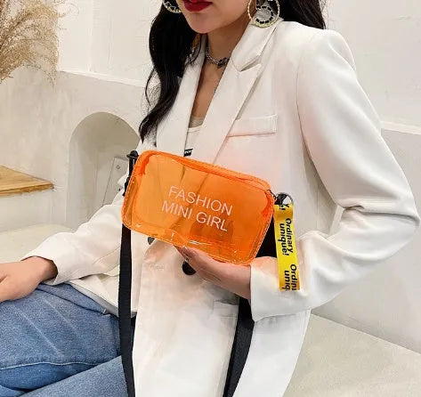 Transparent square jelly crossbody bag with adjustable strap in various colour options