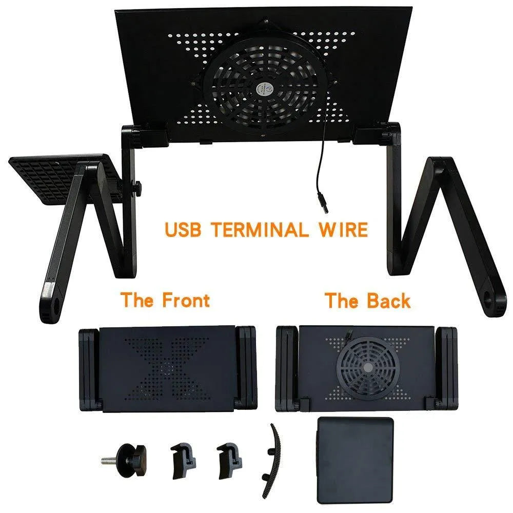 Adjustable black laptop stand desk with mouse pad and USB cooling fan, folded for storage, on a wooden floor