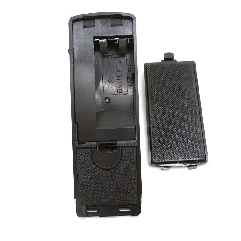 Black 120dB door stop alarm with stainless steel cover and wedge shape, measuring 14cm long