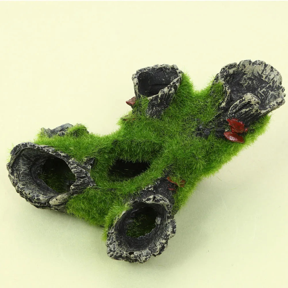 Fish tank decoration imitation moss tree root with green flocking, synthetic resin shrimp pot ornament
