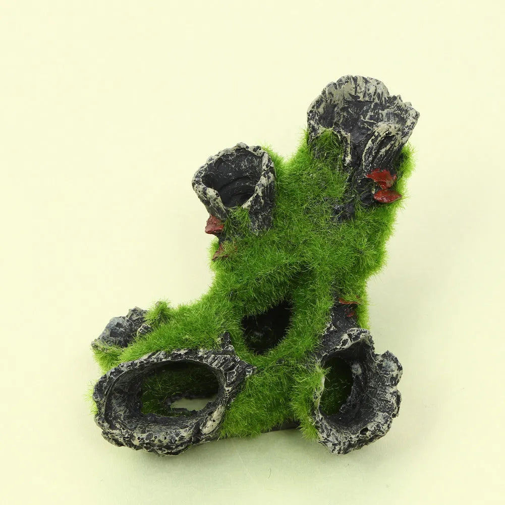 Fish tank decoration imitation moss tree root with green flocking, synthetic resin shrimp pot ornament