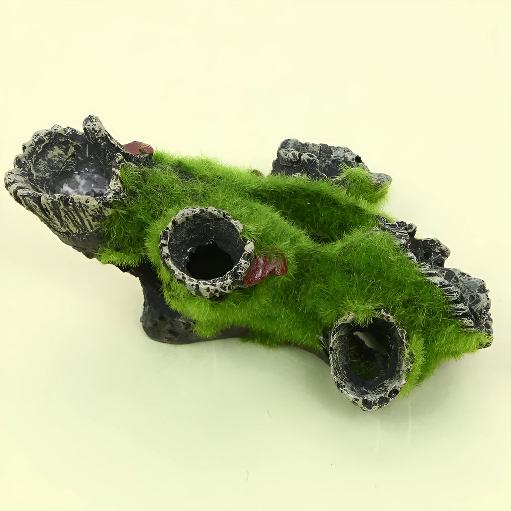 Fish tank decoration imitation moss tree root with green flocking, synthetic resin shrimp pot ornament