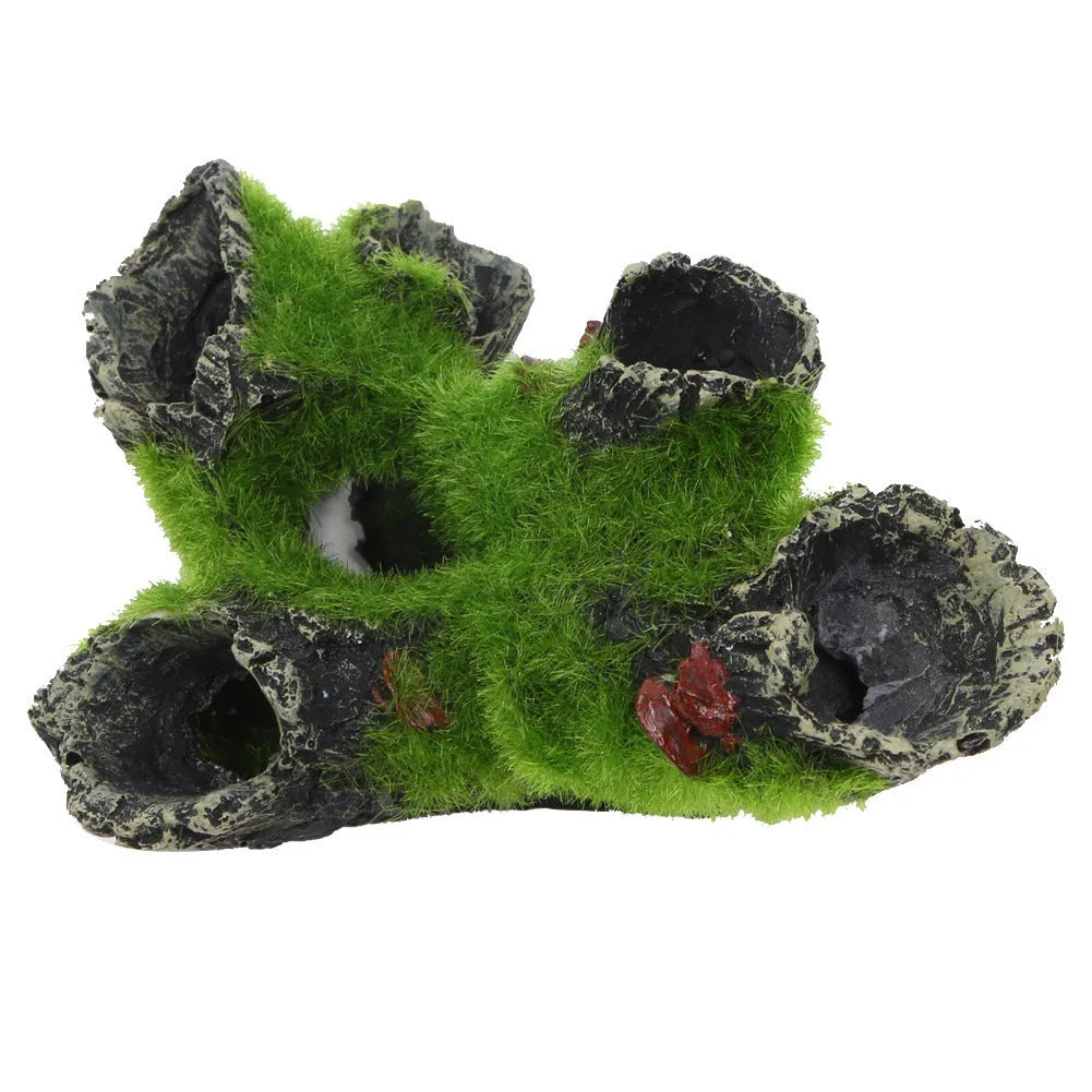 Fish tank decoration imitation moss tree root with green flocking, synthetic resin shrimp pot ornament