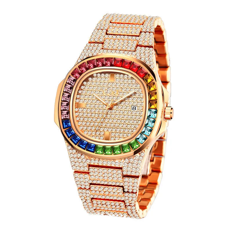 Square diamond watch for men with alloy strap and quartz movement