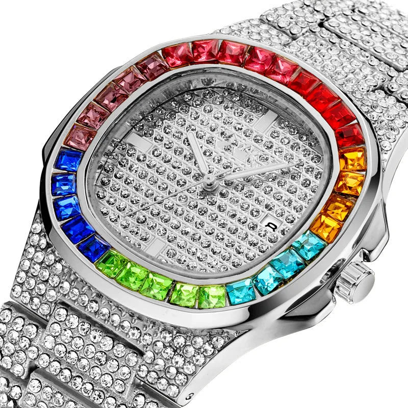 Square diamond watch for men with alloy strap and quartz movement