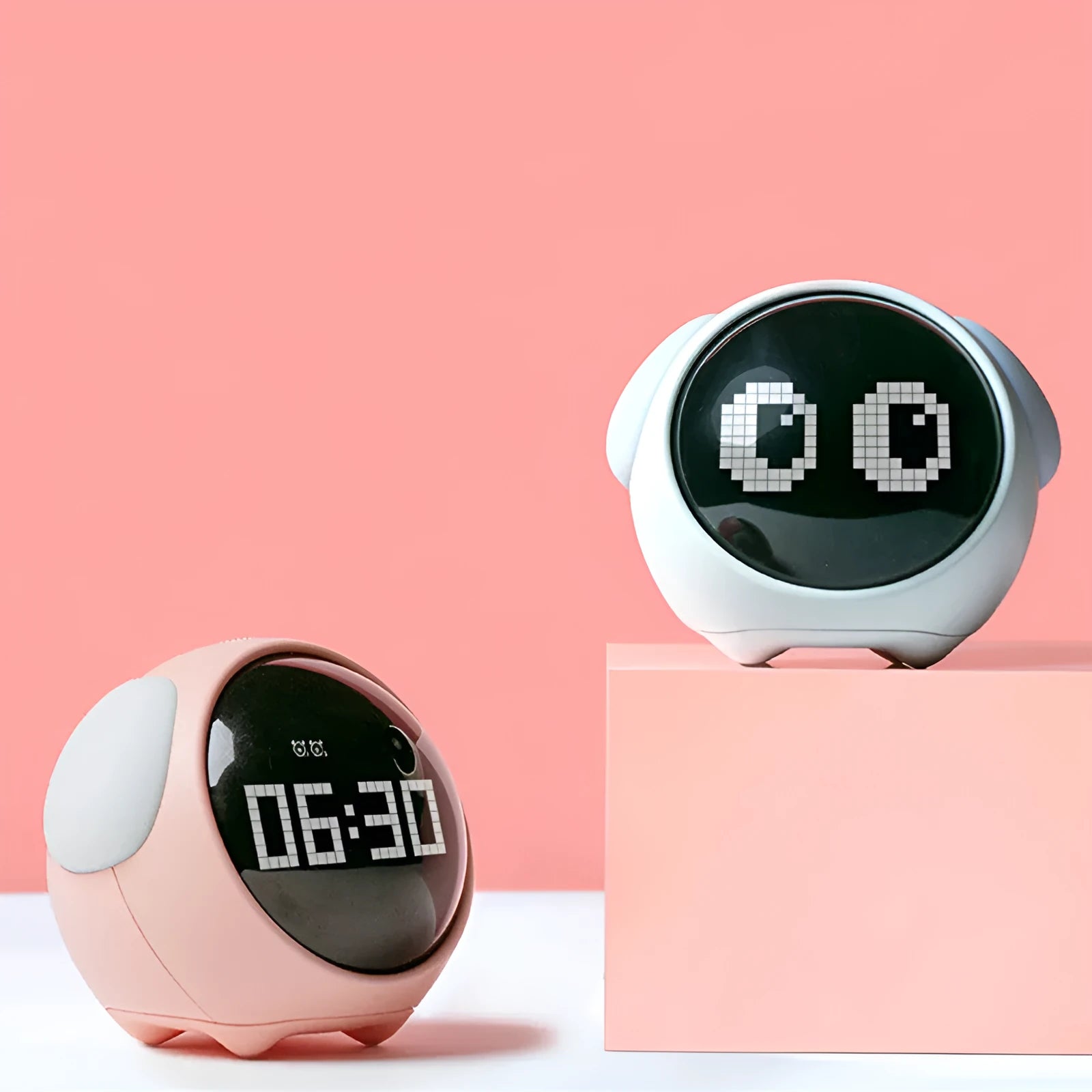 Multi-function alarm clock with pixel expression display and warm night light on a bedside table