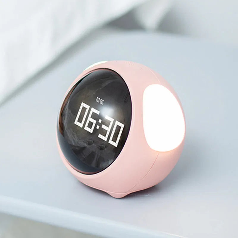 Multi-function alarm clock with pixel expression display and warm night light on a bedside table