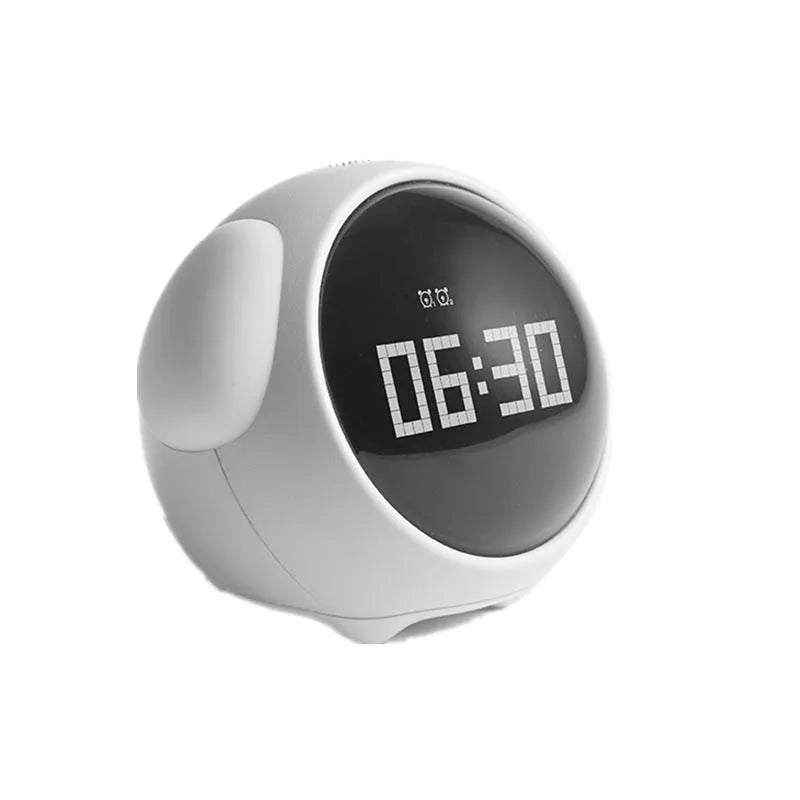 Multi-function alarm clock with pixel expression display and warm night light on a bedside table